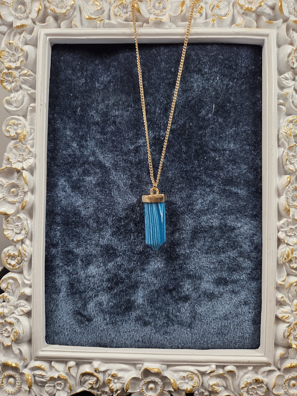 Blue Agate Style Crystal Point Pendant Necklace | Gold Tone Boho Healing Energy